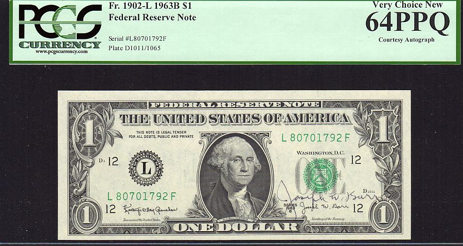 Fr.1902-L, 1963B San Francisco $1 Autographed FRN, Joseph W. Barr, Sec. of Treasury, Very Choice CU, PCGS64-PPQ